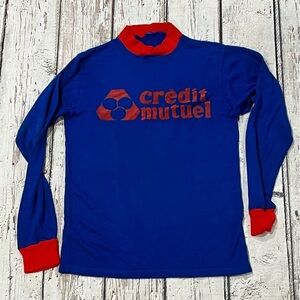 Vintage 80s Credit Mutuel Soccer Blue Sports 1980s Jersey Shirt